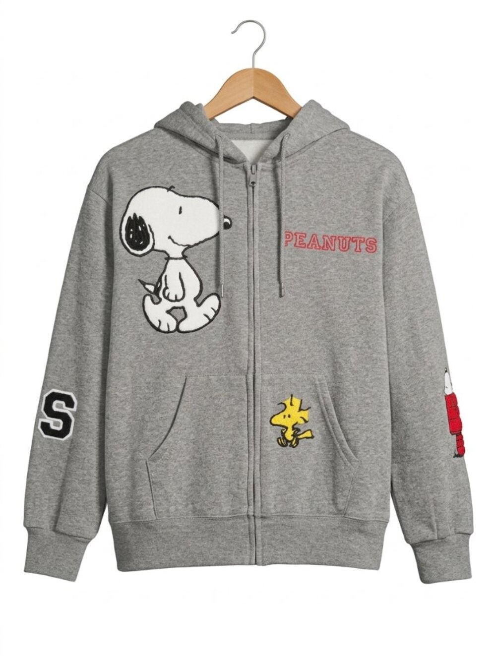 Peanuts Snoopy Woodstock Full Zip Hoodie Small Heather Charcoal Patch Sweatshirt